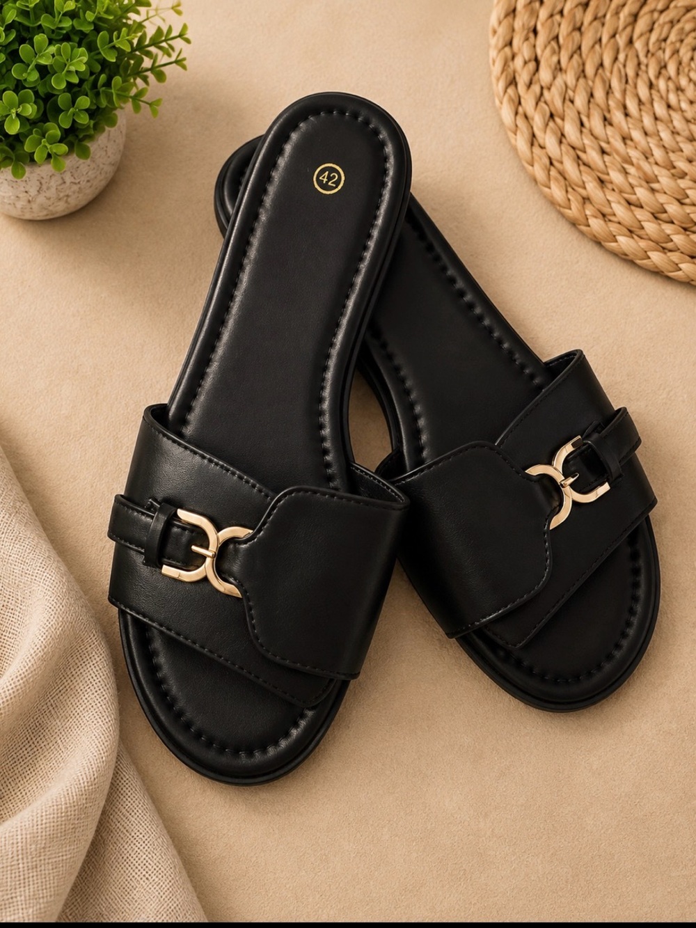 Black Slide Mules with Buckle Accent